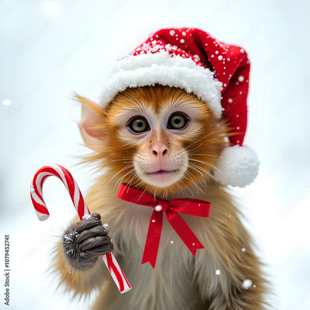 Festive monkey in santa hat holding a candy cane with snowflakes falling around, digital art of whimsical concept. Festive monkey in santa hat holding a candy cane with snowflakes falling around, digital art of whimsical concept.