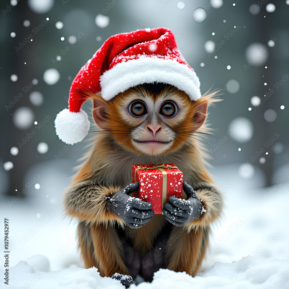 Adorable monkey in santa hat holding a gift amidst falling snowflakes, digital art of character design concept. Adorable monkey in santa hat holding a gift amidst falling snowflakes, digital art of character design concept.
