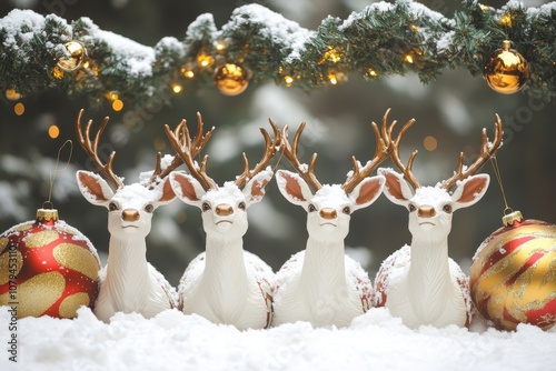 Five white deer statues adorned with ornaments stand gracefully in the snow, creating a festive winter scene. photo