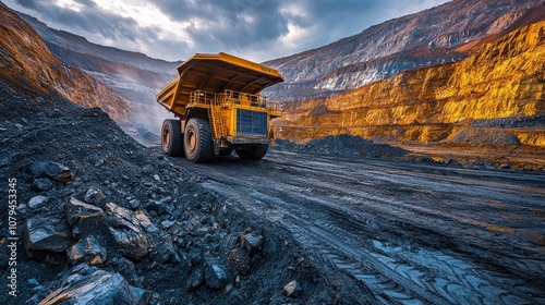 A large dump truck in a mining landscape at sunset.