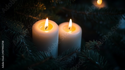 Flickering candles illuminate a dark room, surrounded by lush pine branches, creating a cozy, festive ambiance.