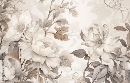 Fototapeta Naklejka Na Ścianę i Meble -  Peony flower, sepia color leaf. Floral background, rococo style wallpaper. Mural art, interior decor, victorian rococo style