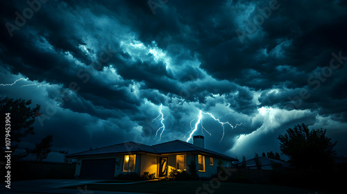 Dramatic Lightning Strikes Illuminate Suburban House During Violent Night Storm