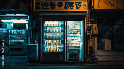 Neon-lit vending machines on an urban street at night, stocked with various beverages photo