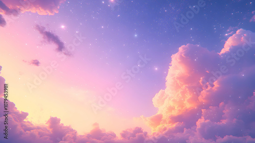 Dreamy Pastel Cloudscape: A 3D Digital Illustration of a Serene, Starry Night Sky with Soft Pink and Purple Hues