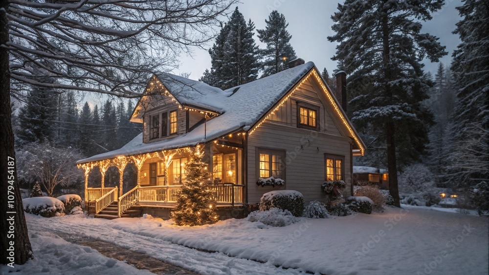 Snow-Covered Holiday House with Christmas Lights and Winter Landscape Snow-Covered Holiday House with Christmas Lights and Winter Landscape