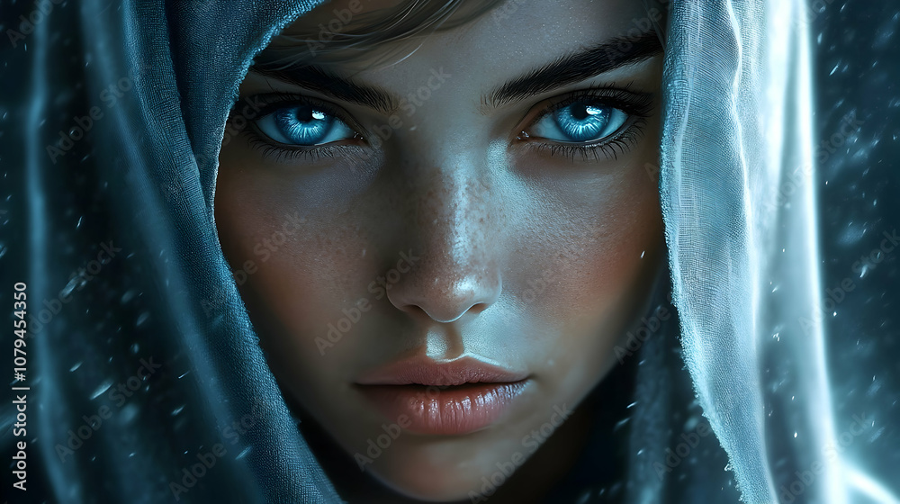 Naklejka premium Digital Painting of a Woman with Vivid Blue Eyes, Wearing a Hood, in a Snowy Scene
