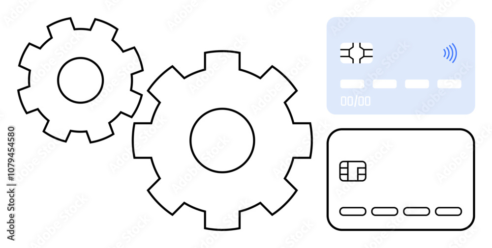 Two interlocking gears next to two credit cards with different designs. Ideal for finance, technology, automation, payment systems, digital security, fintech, and banking innovation themes. Line Two interlocking gears next to two credit cards with different designs. Ideal for finance, technology, automation, payment systems, digital security, fintech, and banking innovation themes. Line