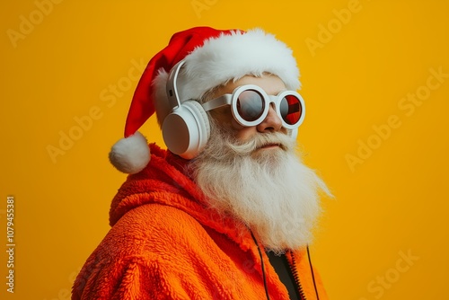 funky crazy santa claus dj in white headset and sunglasses, Yellow background. 