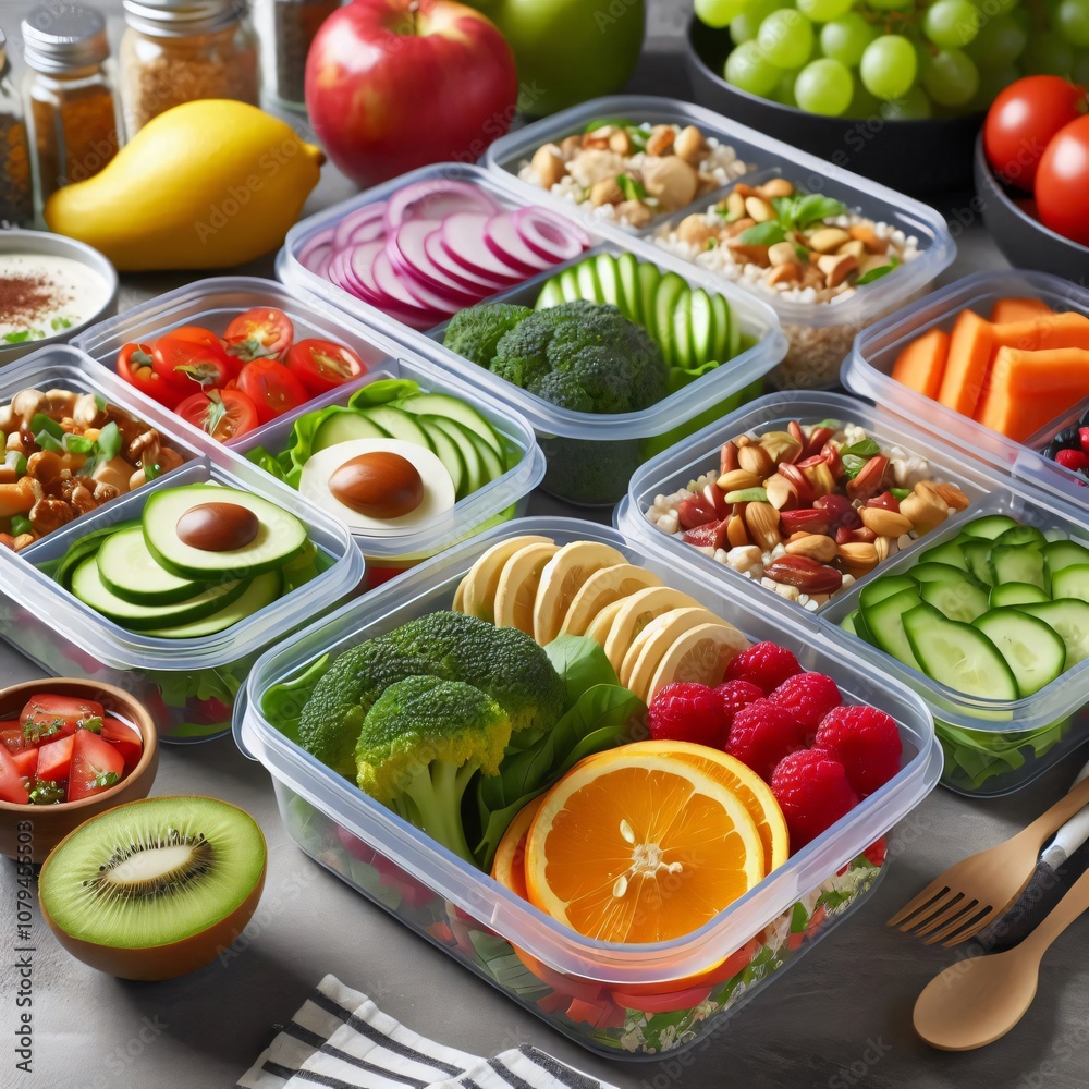 Healthy meal prep containers arranged on a kitchen counter Healthy meal prep containers arranged on a kitchen counter