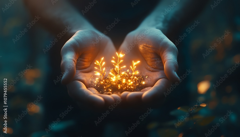 Closeup of male hands holding growing glowing interest arrows on dark background with mockup place, market increase, and benefit concept, 3D rendering