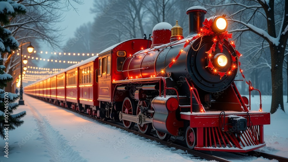 A red train is driving along the snow-covered tracks A red train is driving along the snow-covered tracks