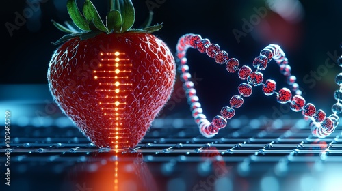 Cross-section of strawberry, glowing DNA helix embedded, gene editing theme photo