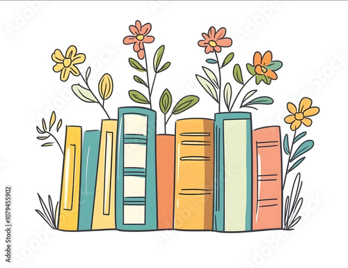 A cute doodlestyle illustration of books with flowers growing out from behind them in pastel colors with simple lines a flat design in a clipart photo