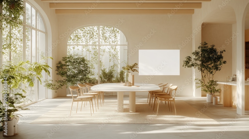 Modern dining room with large windows, wooden table and chairs, and a white blank canvas on the wall. Modern dining room with large windows, wooden table and chairs, and a white blank canvas on the wall.