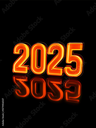 3D text 2025 in Helvetica Bold font vibrant orange color set against a black background highdefinition sleek and bold design detailed textures st