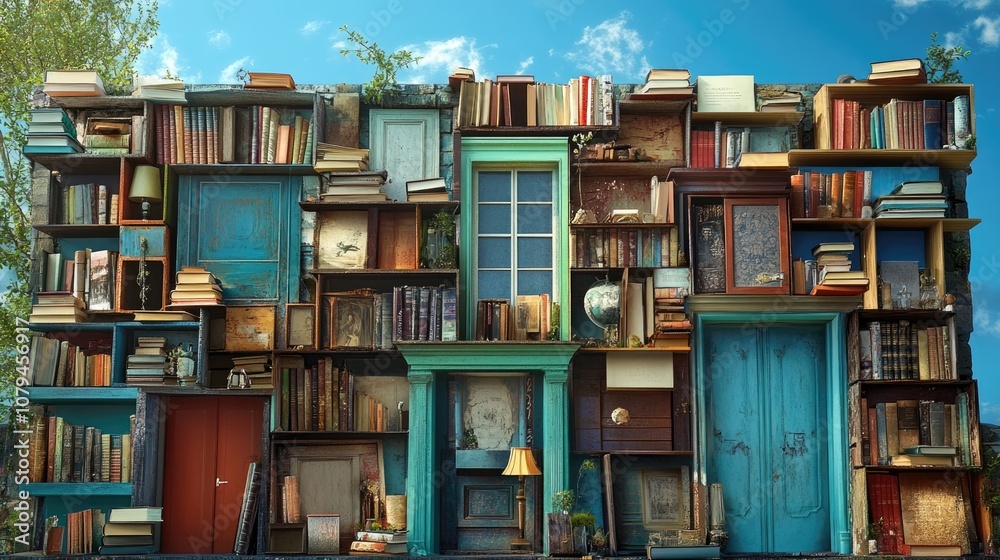 A collection of books alongside windows doors and lamps set against a backdrop of a bright blue sky A collection of books alongside windows doors and lamps set against a backdrop of a bright blue sky