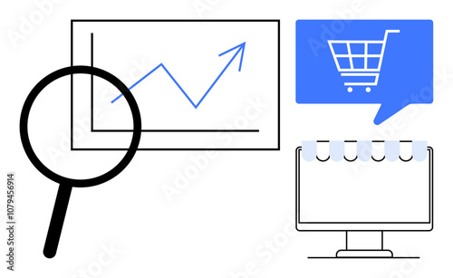 Magnifying glass analyzes an upward-trending growth chart. Shopping cart icon displayed on a blue speech bubble. Ideal for business analysis, e-commerce development, market research, online shopping