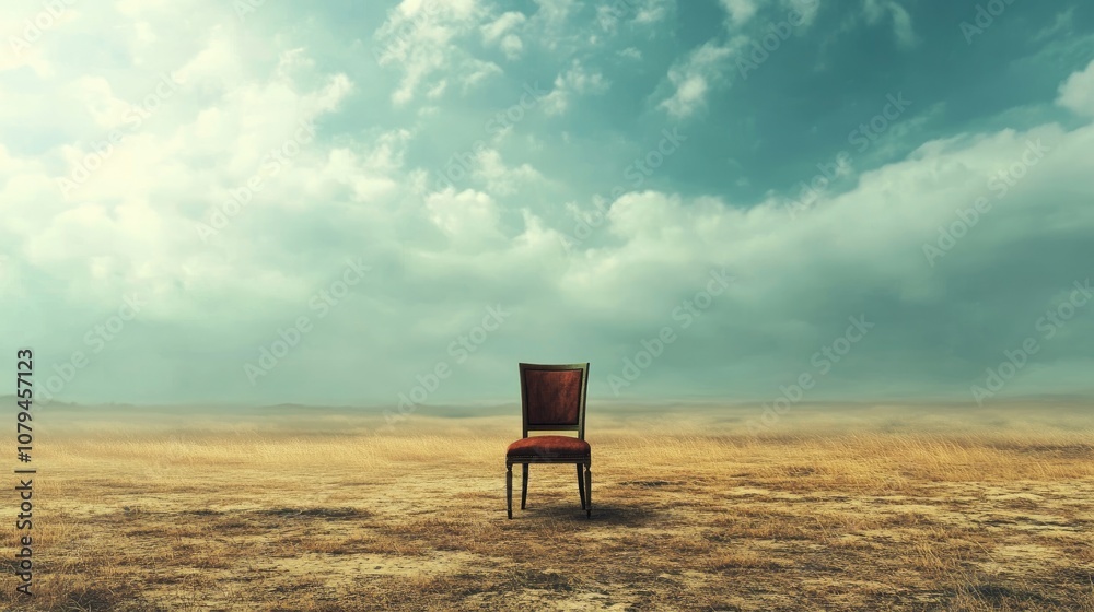 Isolated chair in a vast landscape Themes of sadness solitude and loneliness captured in surreal and conceptual artwork Isolated chair in a vast landscape Themes of sadness solitude and loneliness captured in surreal and conceptual artwork