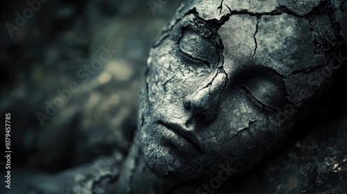 Surreal artwork depicting the theme of sadness and depression featuring a broken woman sculpture in a lonely setting