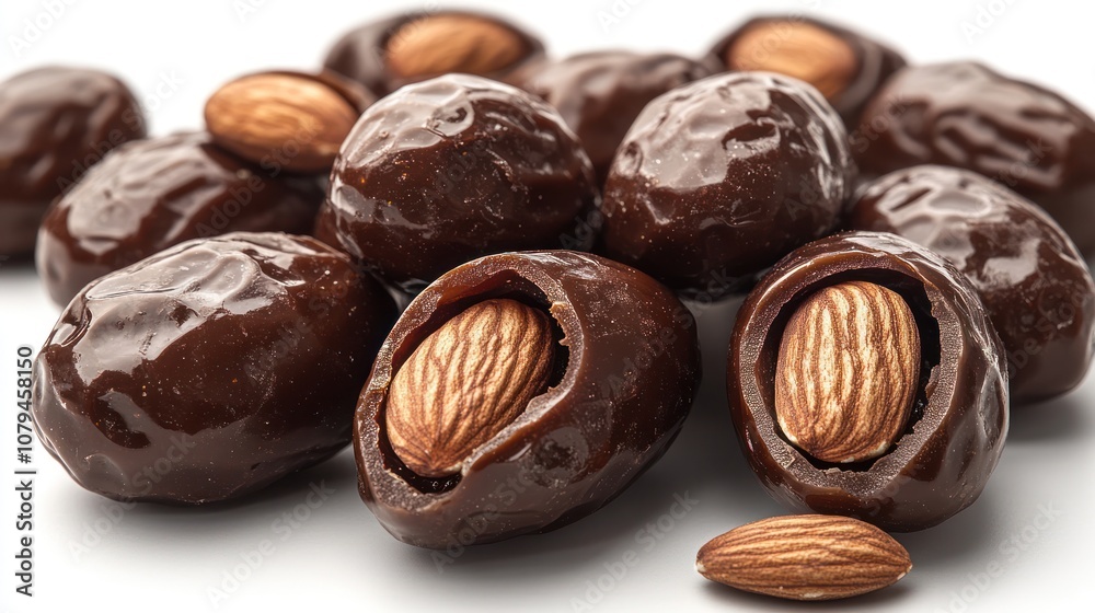 Close-up of chocolate covered almonds on white background. Close-up of chocolate covered almonds on white background.