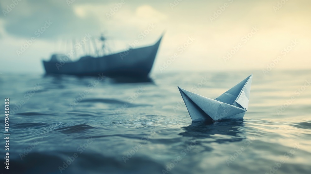 Inspiring depiction of a small paper boat in the ocean towing a large metal ship symbolizing the pursuit of success and the motivation to achieve extraordinary goals Inspiring depiction of a small paper boat in the ocean towing a large metal ship symbolizing the pursuit of success and the motivation to achieve extraordinary goals