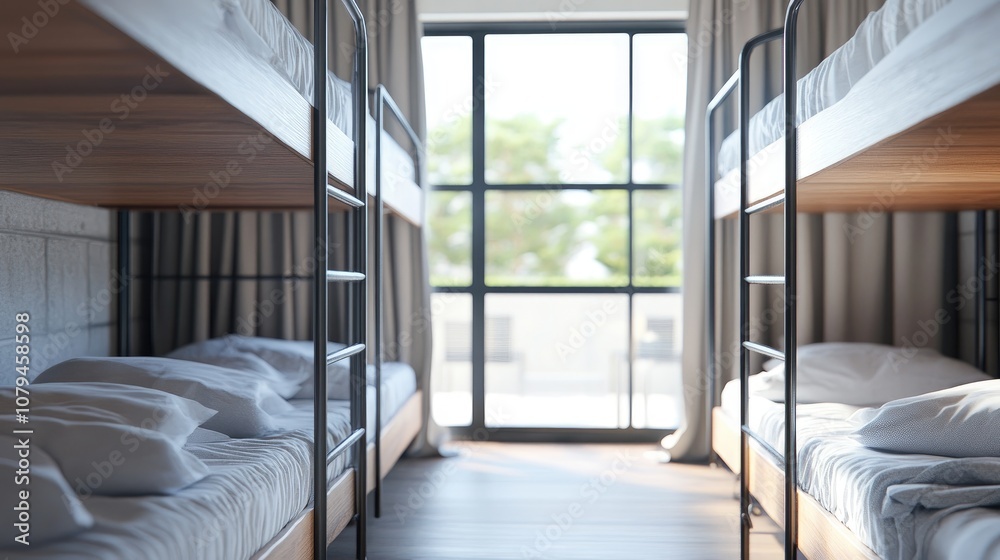 Fototapeta premium Minimalist Hostel Room Design Featuring Metal Bunk Beds and Fresh Linens Emphasizing Comfortable and Sleek Accommodation