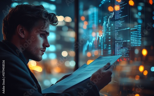 Young European businessman with document in hand and glowing blue forex chart on blurry office interior background, stock market, financial growth, and trade concept