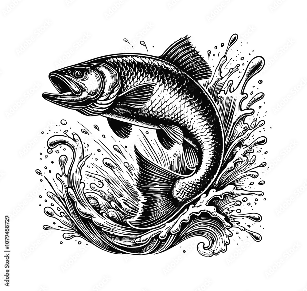 fish jumping out of water engraving black and white outline fish jumping out of water engraving black and white outline