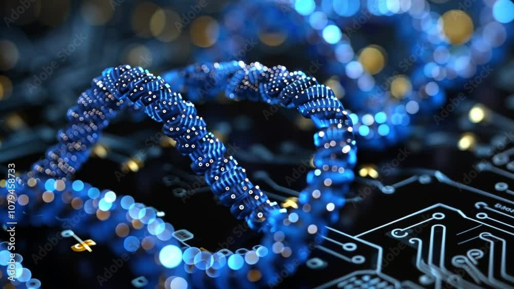 A visually striking representation showcases a blue DNA double helix intertwined with a circuit board, symbolizing the intersection of genetics and technology in modern science A visually striking representation showcases a blue DNA double helix intertwined with a circuit board, symbolizing the intersection of genetics and technology in modern science