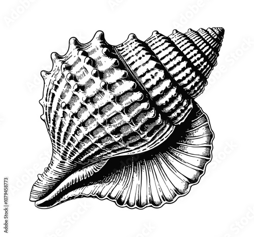 conch shell engraving black and white outline