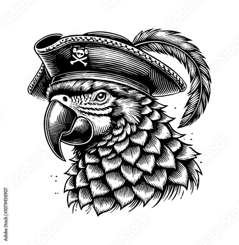 parrot pirate hat engraving black and white outline
