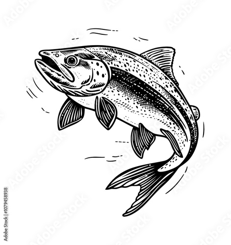 rainbow trout fish engraving black and white outline
