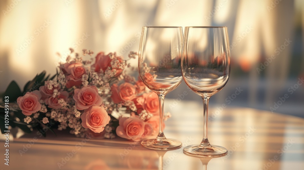 Two wine glasses accompanied by a bouquet of flowers on a table symbolizing a romantic date and the celebration of love Two wine glasses accompanied by a bouquet of flowers on a table symbolizing a romantic date and the celebration of love