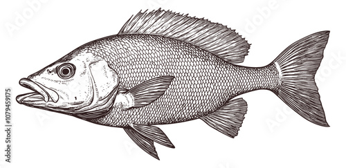 Northern red snapper fish engraving black and white outline