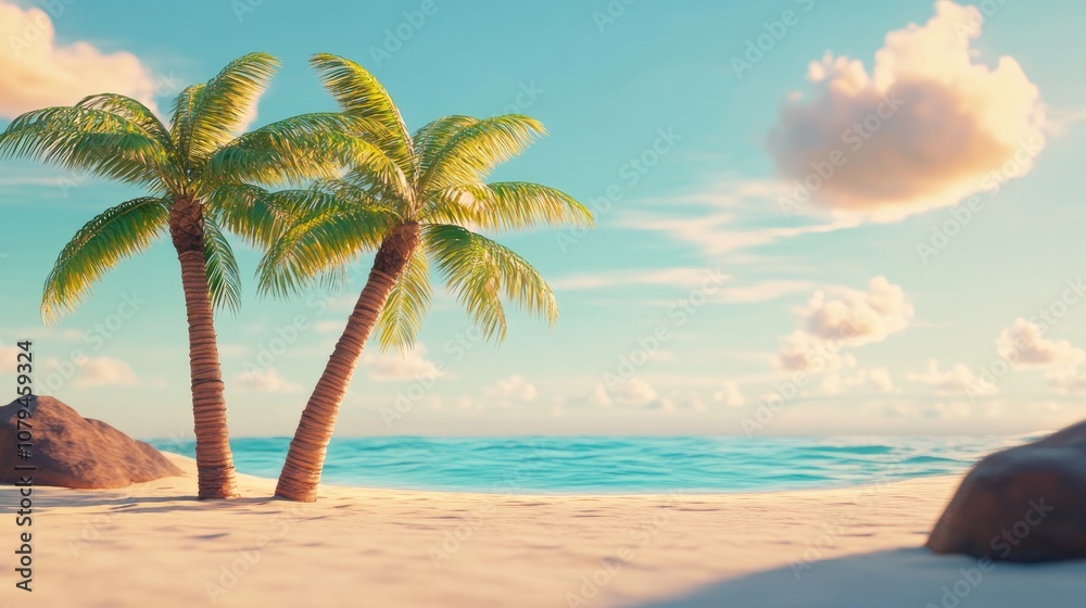 Obraz premium Two palm trees on a sandy beach in a tropical paradise