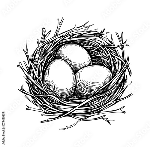 egg nest bird engraving black and white outline