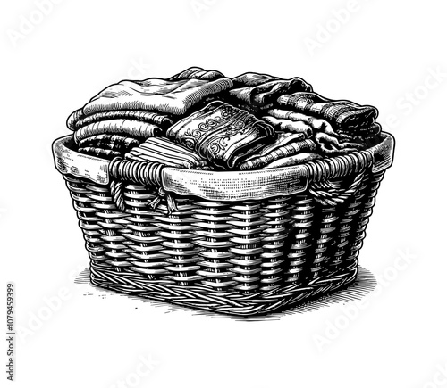 wicker basket filled with folded clothes engraving black and white outline