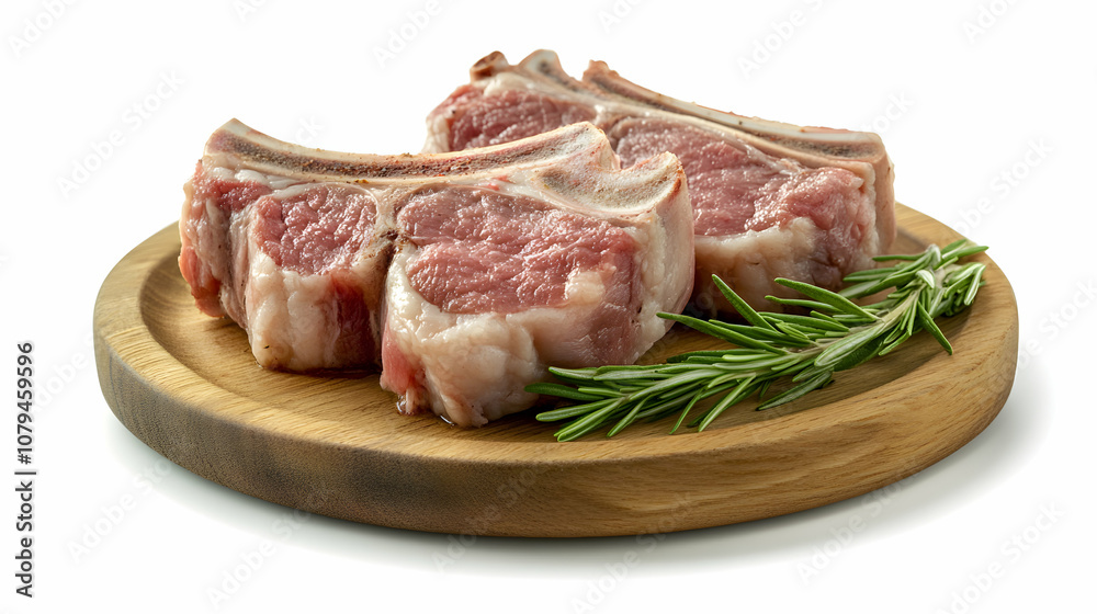 Two Raw Lamb Chops Resting on Wooden Board with Rosemary Sprig Two Raw Lamb Chops Resting on Wooden Board with Rosemary Sprig
