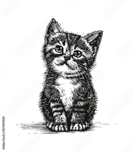 little cat engraving black and white outline