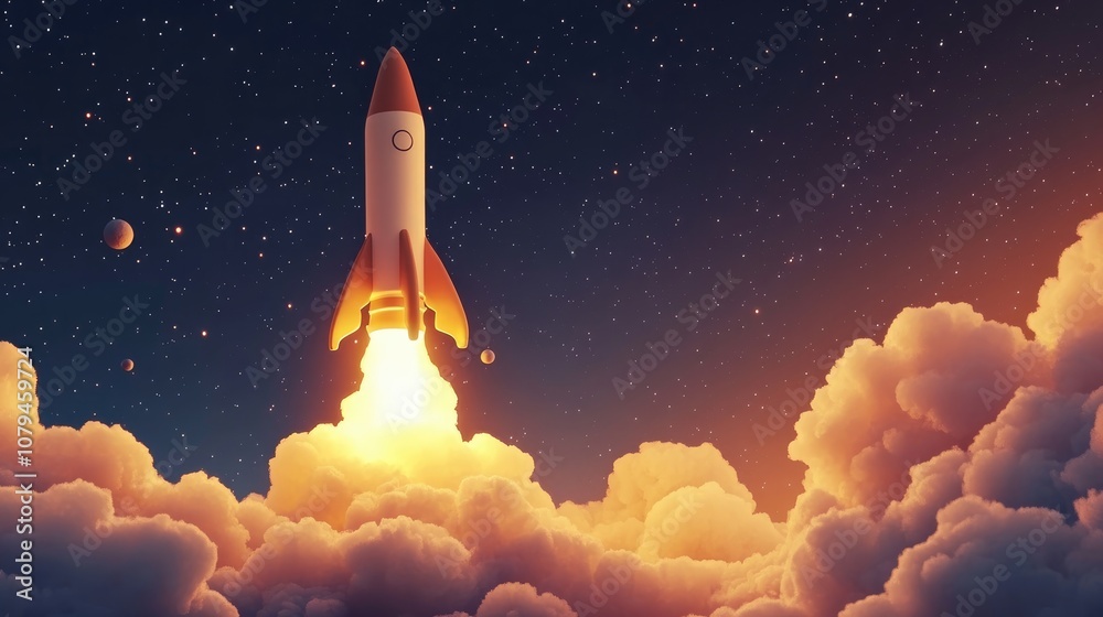 Fototapeta premium Rocket launch surrounded by smoke in a starry night sky symbolizing military strength and technology A missile ascends successfully into the atmosphere