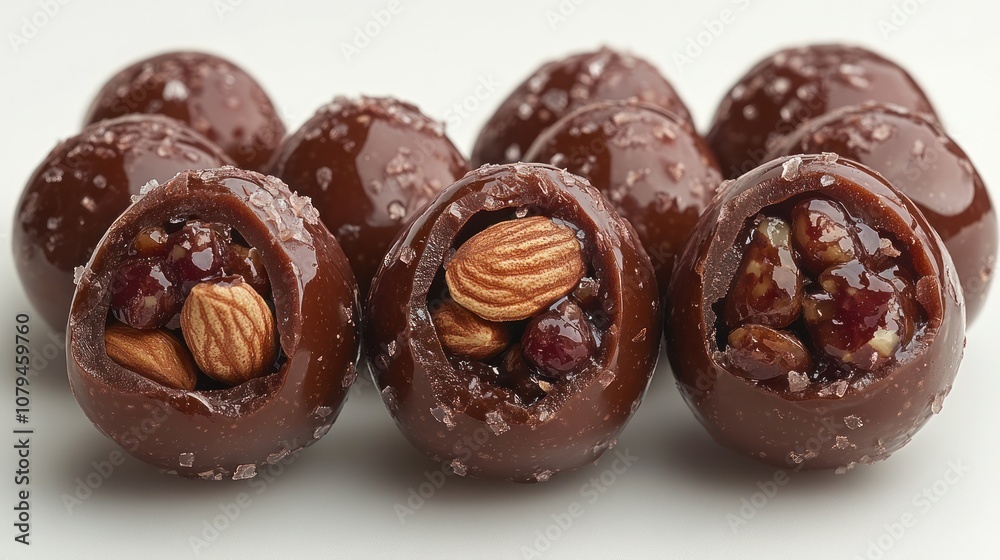 Chocolate balls filled with caramel, almonds, and sea salt. Chocolate balls filled with caramel, almonds, and sea salt.