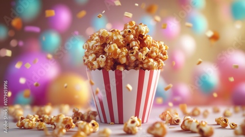 Container filled with caramelized popcorn showcasing caramel strands surrounded by scattered kernels and a celebratory ambiance