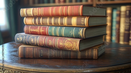 Diverse Selection of Timeless Literature Displayed on an Antique Table