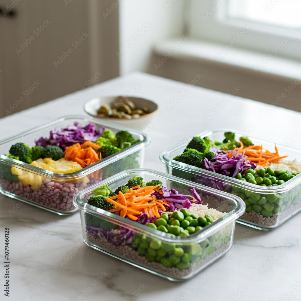 Healthy meal prep containers arranged on a kitchen counter Healthy meal prep containers arranged on a kitchen counter