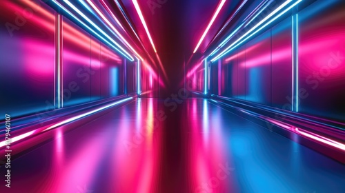 3D rendering of glowing lines and neon lights featuring an abstract psychedelic background with vibrant red and blue colors designed for a product showcase template reminiscent of a laser show