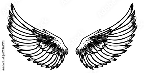 wings pair engraving black and white outline