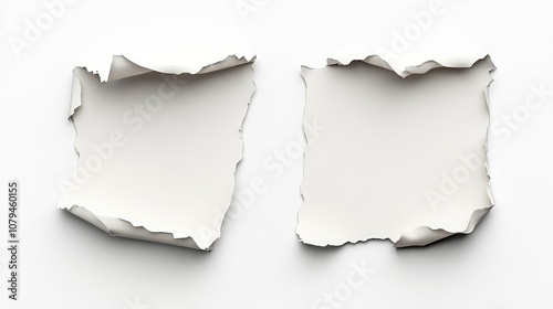 Torn sheet of paper split in two on a white background