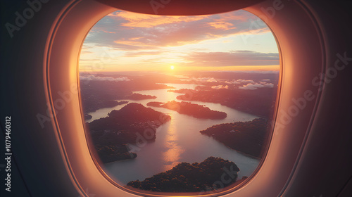 Aerial View of Sunset over Serene Islands and a River, Seen from Airplane Window