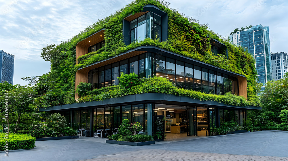 Obraz premium Modern Green Building with Lush Vertical Garden Facade in Urban Setting